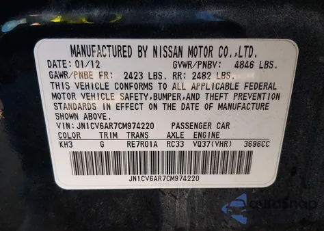 2012 Infiniti G37X z USA, uszkodzony, nr VIN JN1CV6AR7CM974220